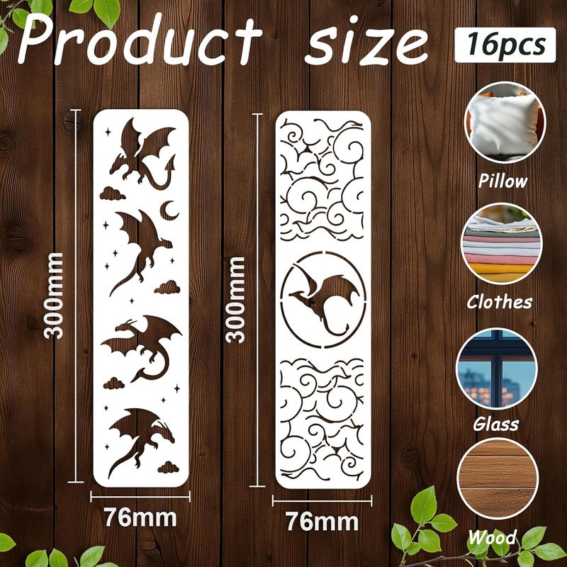 beinkmake 16Pcs Sun Moon Stars Stencil for Painting PET Templates Flying Dragon Inlay Border Stencils for Furniture Reusable DIY Craft Wall Wood Fabric Canvas Paper Home Decor - Image 2